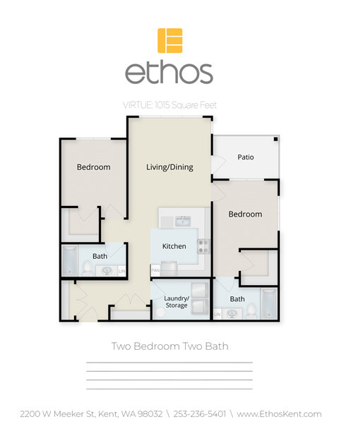 Floor plan for 2 beds, 2 baths, 1015 sqft